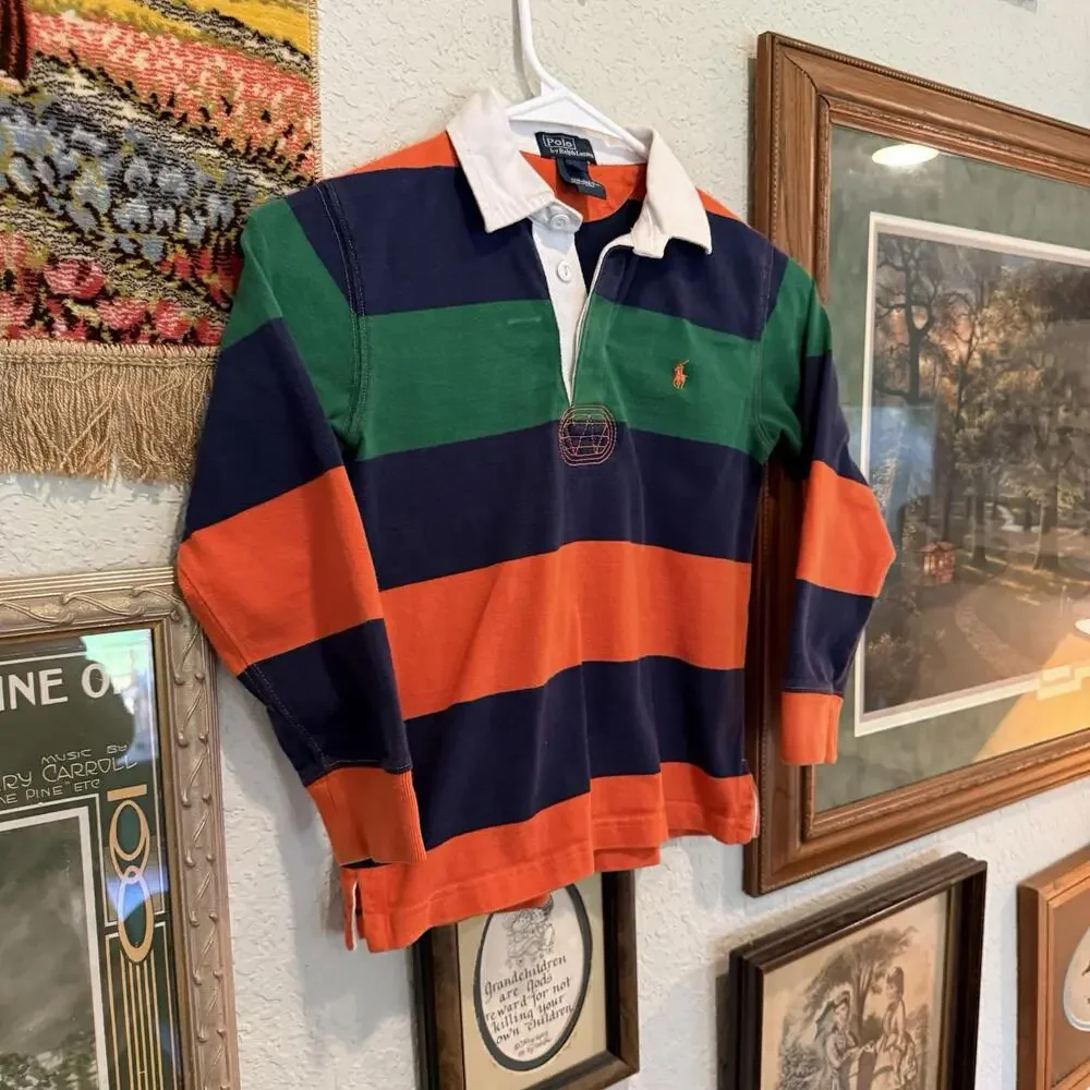 Vintage 90s Polo Ralph Lauren Shirt Rugby Long sleeve Colorful Kids Size 6‎ S/M